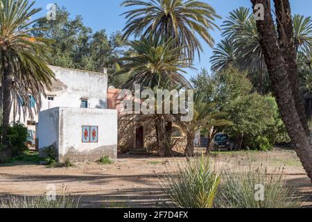 Bâtiment de l'oasis Ain Lahjar près d'Essaouira, Maroc Banque D'Images