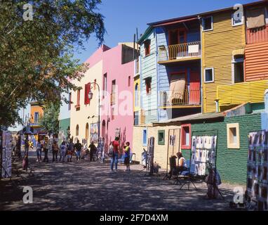 Les bâtiments aux couleurs pastel, la rue Caminito, la Boca, Buenos Aires, Argentine Banque D'Images