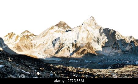 Vue panoramique en soirée du mont Everest isolée sur fond de ciel blanc de Kala Patthar, parc national de Sagarmatha, Khumbu walley, Solukhumbu, Népal Banque D'Images