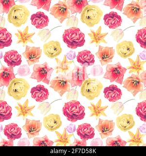 Peinture numérique Watercolor sans couture de fleurs de tulipe. Illustration numérique. Banque D'Images