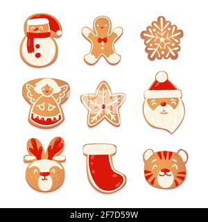 Pain d'épice noël mignon biscuits ensemble. Chapters à biscuits pour le nouveau design de l'année. Illustration du cataroon vectoriel. Illustration de Vecteur