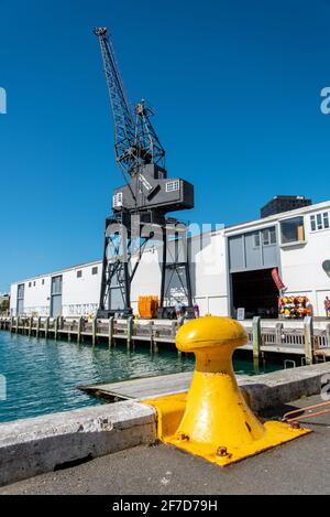 Grue de port et bollard jaune sur la côte de Wellington, Nouvelle-Zélande Banque D'Images