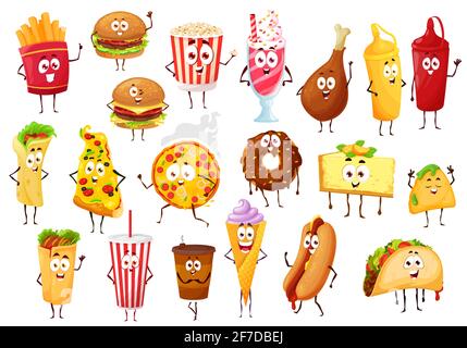 Personnages de dessin animé fast food. Hamburgers et boissons Illustration de Vecteur