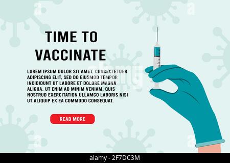 Le temps de vacciner la bannière. Les mains du médecin portant un gant en caoutchouc avec une seringue et une aiguille, vaccin antigrippal médical pour le traitement du virus de la grippe Illustration de Vecteur