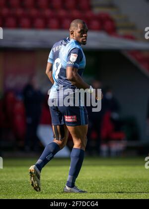 Rotherham, Royaume-Uni. 05 avril 2021. Uche Ikpeazu de Wycombe Wanderers pendant le championnat Sky Bet derrière des portes fermées match entre Rotherham United et Wycombe Wanderers au New York Stadium, Rotherham, Angleterre, le 5 avril 2021. Photo d'Andy Rowland. Crédit : Prime Media Images/Alamy Live News Banque D'Images