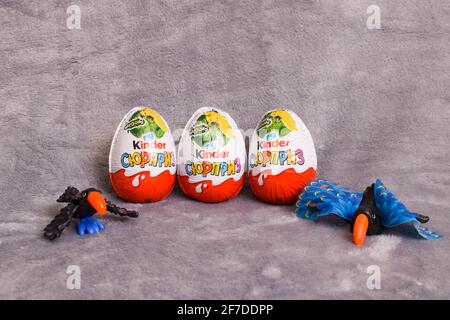 BELARUS, NOVOPOLOTSK - 03 JANVIER, 2021: Kinder surprises et jouets d'oiseaux gros plan Banque D'Images