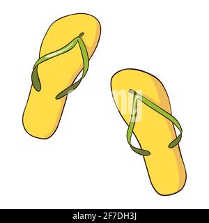 Tongs jaunes et vertes dessinées à la main Illustration du vecteur isolé sur fond blanc. Illustration de Vecteur