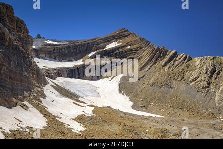 Pic de Taillon et glacier vu depuis le col de Sarradets en été (Parc National des Pyrénées, Gavarnie, midi-Pyrénées, Occitanie, France) Banque D'Images