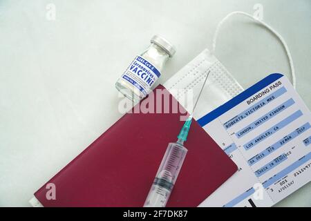 Le voyageur présente un passeport sanitaire de certification de vaccination par téléphone à l'aéroport, pour certifier qu'il a été vacciné contre le coronavirus covid-19 Banque D'Images