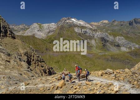 Pic de Vignemale et glacier vu depuis le col de Sarradets en été (Parc National des Pyrénées, Gavarnie, midi-Pyrénées, Occitanie, France) Banque D'Images