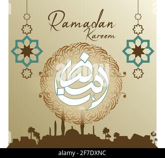 Vector - carte de voeux de Kareem du Ramadan islamique avec calligraphie et forme de mosquée avec motif (Traduction : Ramadan) Illustration de Vecteur