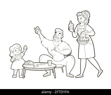 Livre de coloriage : famille heureuse se préparant pour les vacances de Pâques . Les parents et les enfants peignent les œufs ensemble . Illustration vectorielle en style dessin animé , dessin au trait Illustration de Vecteur