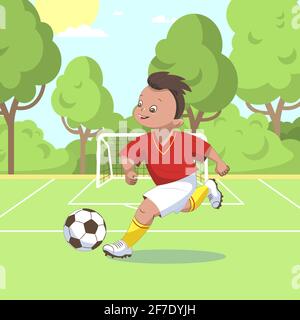 Adolescent - les joueurs de football kick une balle de football sur un terrain de football vert et de marquer un but . Arrière-plan , illustration vectorielle en style de dessin animé plat , bande dessinée. Illustration de Vecteur