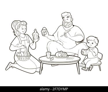 Livre de coloriage : famille heureuse se préparant pour les vacances de Pâques . Les parents et les enfants peignent les œufs ensemble . Illustration vectorielle en style dessin animé , dessin au trait Illustration de Vecteur