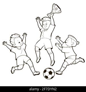 Livre de coloriage; représentations de garçons de soccer dans diverses positions jouant un ballon de soccer . Illustration vectorielle de style dessin animé, dessin au trait noir et blanc . Illustration de Vecteur