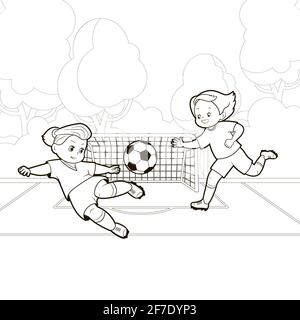 Les adolescentes jouent au football en lançant une balle tout en courant sur le terrain de football.Illustration vectorielle dans un style de dessin animé, art noir et blanc isolé Illustration de Vecteur