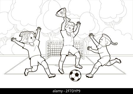 Les adolescentes jouent au football en lançant une balle tout en courant sur le terrain de football.Illustration vectorielle dans un style de dessin animé, art noir et blanc isolé Illustration de Vecteur