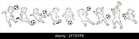 Livre de coloriage; représentations de garçons de soccer dans diverses positions jouant un ballon de soccer . Illustration vectorielle de style dessin animé, dessin au trait noir et blanc . Illustration de Vecteur