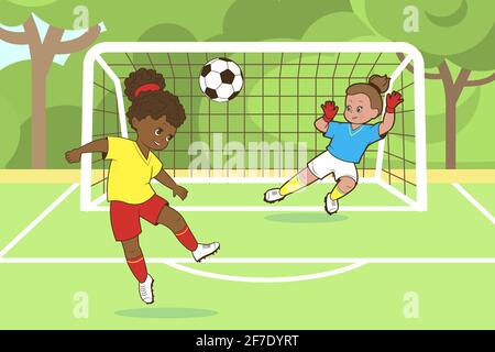 Les adolescentes jouent au football en donnant un coup de pied sur un terrain de football avec un but . Illustration vectorielle en style de dessin animé , art noir et blanc isolé . Illustration de Vecteur