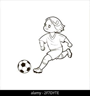 Les adolescentes jouent au football en lançant une balle tout en courant sur le terrain de football.Illustration vectorielle dans un style de dessin animé, art noir et blanc isolé Illustration de Vecteur