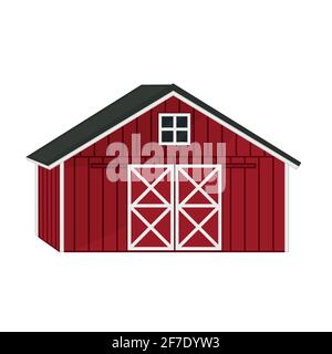 Maison de grange en bois rouge à dessin animé à motif de caniche avec toit triangulaire gris, fenêtre et portes avec tableaux blancs croisés. Contour isolé tracé à la main Illustration de Vecteur