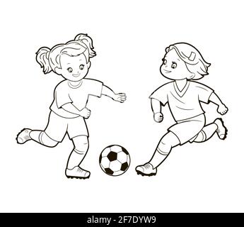 Les adolescentes jouent au football en lançant une balle tout en courant sur le terrain de football.Illustration vectorielle dans un style de dessin animé, art noir et blanc isolé Illustration de Vecteur
