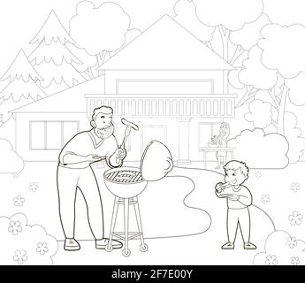 Livre de coloriage. La famille fait un grill sur la pelouse près de la maison. Illustration vectorielle de style dessin animé, lignes noires et blanches Illustration de Vecteur