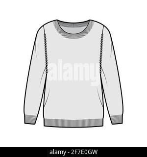 Sweat-shirt technique de mode avec col rond, manches longues, coupe classique, longueur du bout des doigts, bordures côtelées. Pull sans pinces à l'avant, style gris. Femmes, hommes unisex CAD maquette Illustration de Vecteur