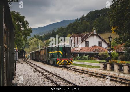 Moteur diesel du célèbre train à huit voies étroites Sargan à Mokra Gora, en Serbie, debout sur la première voie de la gare. Banque D'Images