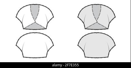 Boléro en fausse fourrure illustration technique de la mode avec col en V, manches à capuchon, style découpé, corps ajusté, longueur de la coupe. Vêtements à dessus plat à l'avant, à l'arrière, de couleur grise blanche. Femmes hommes unisexe CAD maquette Illustration de Vecteur