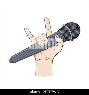 rock music concept main tenant un microphone isolé fond blanc illustration vectorielle Illustration de Vecteur