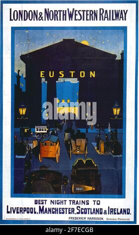 Affiche de voyage vintage pour les trains de nuit London et North Western Railway à destination de Liverpool, Manchester, Écosse, Irlande depuis Euston Banque D'Images