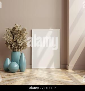 Cadre maquette sur parquet dans le salon intérieur, style scandinave, 3d rendu Banque D'Images