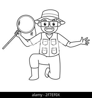 Papa tenant des filets de pêche. Caractère. Illustration en noir et blanc. Illustration du livret de coloriage. Illustration vectorielle Illustration de Vecteur