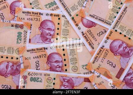 Nouvelle monnaie indienne de 200 roupies notes de fond Banque D'Images