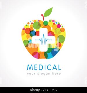 Concept de logotype médical. Couleur plus croix en forme de pomme. Modèle de conception graphique abstrait isolé. Signe pharmaceutique, schéma cardio, bulle. C Illustration de Vecteur