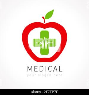 Concept de logotype médical. Couleur plus croix avec forme de trait de pomme. Modèle de conception graphique abstrait isolé. Signe pharmaceutique, schéma cardio. Il Illustration de Vecteur