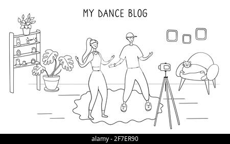Les stars de danse enregistrent des vidéos pour leur blog. Concept du défi de la danse. Les jeunes hommes et femmes apprennent des mouvements avec des cours et des tutoriels en ligne Illustration de Vecteur