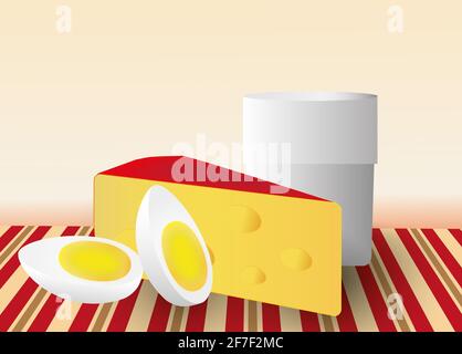 Petit-déjeuner avec œufs et fromage, une tasse de thé ou de café. Épicerie. Illustration pour le site Web. Deux oeufs en tranches. Un morceau de fromage jaune. Banque D'Images