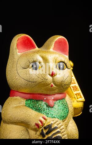 Prise de vue détaillée de maneki neko doré, avec mise au point sélective, arrière-plan noir, verticale, avec espace de copie Banque D'Images