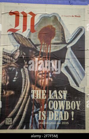 'The Last Cowboy is Dead' est un ensemble de travaux créés par Zevs, composé d'action urbaine, d'expositions, contentavailables sur Instagram et par code QR, ainsi qu'une campagne d'affiches sauvages. Il commence le 24 décembre 2020 et se termine à la Nouvelle Galerie à Paris en avril 2021. Il a eu lieu à Berlin, Majorque et Copenhague. Paris, France, le 17 décembre 2020. Photo de Denis Prezat/avenir photos/ABACAPRESS.COM Banque D'Images