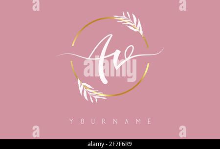 AV a v logo lettres avec cercle doré et feuilles blanches sur les branches autour. Illustration vectorielle avec LETTRES A et V pour la marque personnelle, cor Illustration de Vecteur