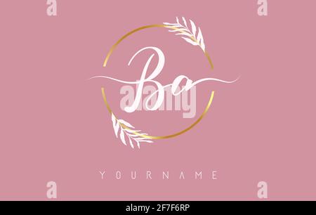 BA b a logo lettres avec cercle doré et feuilles blanches sur les branches autour. Illustration vectorielle avec B et A lettres pour la marque personnelle, cor Illustration de Vecteur