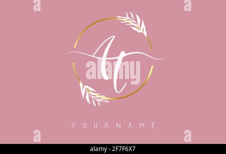 A t logo lettres avec cercle doré et feuilles blanches sur les branches autour. Illustration vectorielle avec LETTRES A et T pour la marque personnelle, cor Illustration de Vecteur