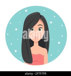 Avatar jeune femme avec cheveux longs et grands yeux verts, illustration vectorielle de style plat Illustration de Vecteur