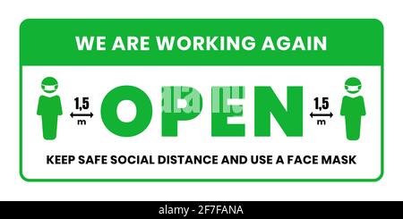Nous travaillons à nouveau. Bienvenue. Gardez une distance de sécurité sociale et utilisez un masque facial. Pandémie de coronavirus. Vecteur. Illustration de Vecteur