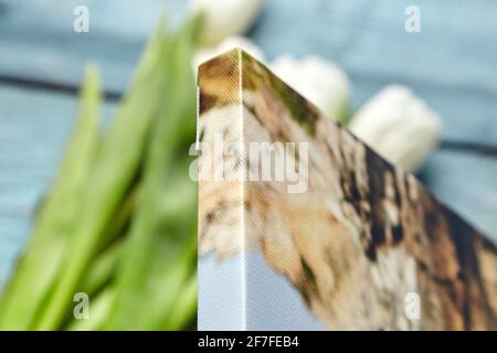 La toile est imprimée avec la galerie enroulée sur la barre du brancard. Bord et coin de la photo imprimés sur toile et fleurs blanches sur fond en bois bleu clair flou Banque D'Images