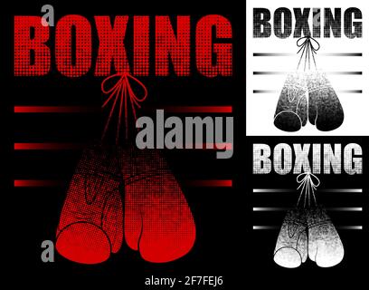 Emblème de boxe. Inscription avec le nom de LA BOXE de sport à partir de points avec des gants de sport accrochés au mur. Élément design, imprimé pour les vêtements. Vecteur Illustration de Vecteur