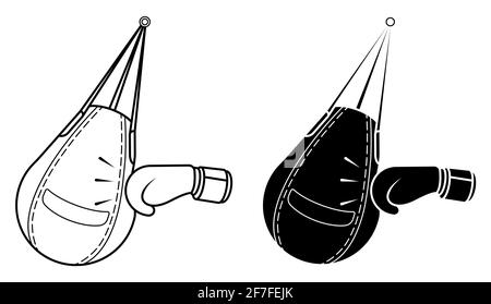 Le gant de boxe sportive bat le sac de boxe pour l'entraînement sportif. Boxers d'entraînement en salle de sport. Vecteur noir et blanc Illustration de Vecteur