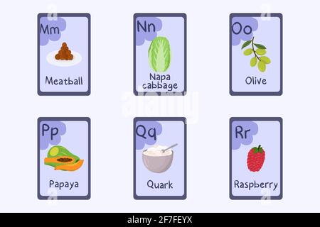 Flashcard alphabet coloré lettre M, N, O, P, Q, R - meatball, chou napa, olive, papaye, Quark, framboise. Illustration de Vecteur